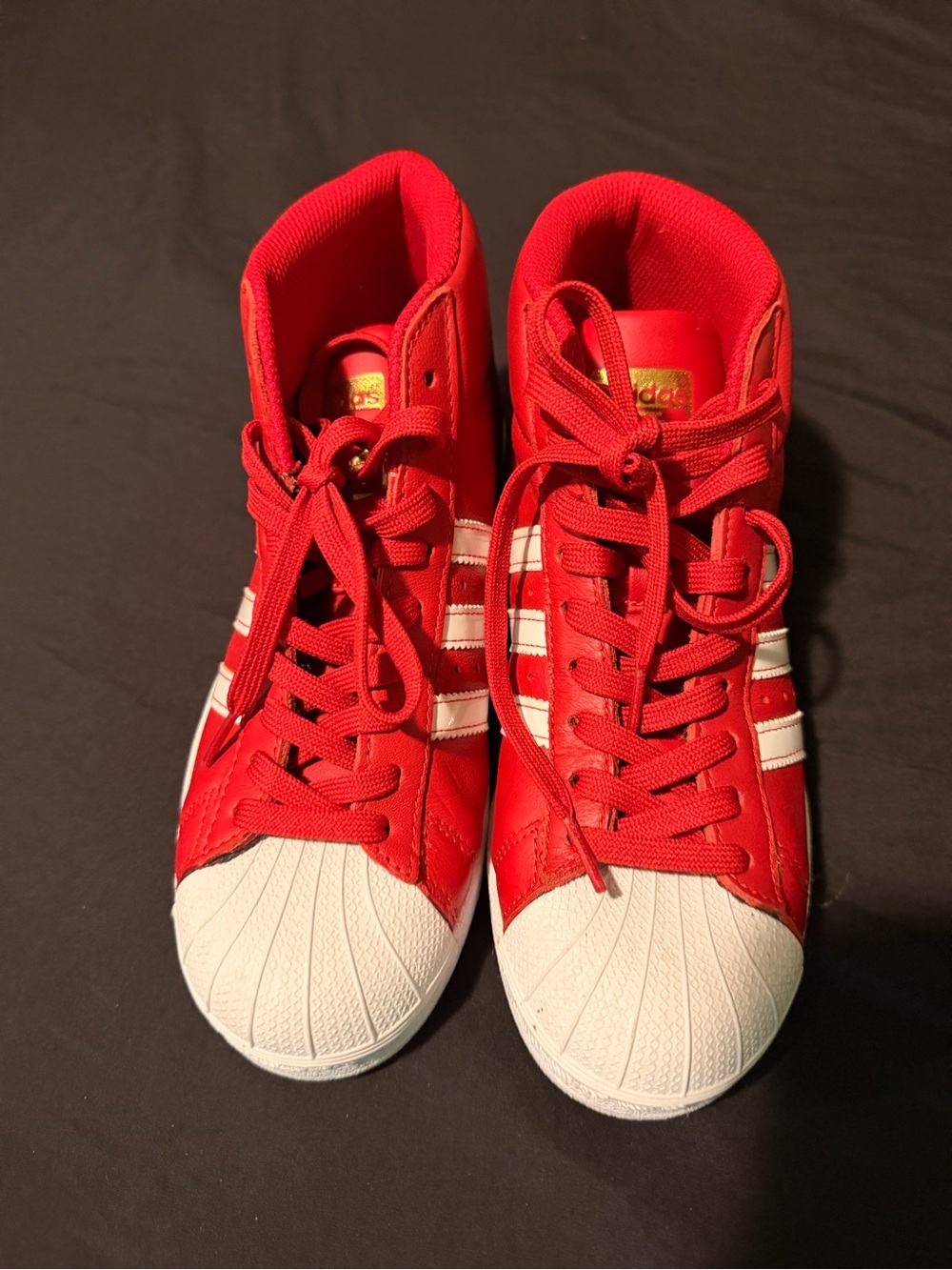 adidas Kids Red High-Top Sneakers with White Shell Toe and Stripes